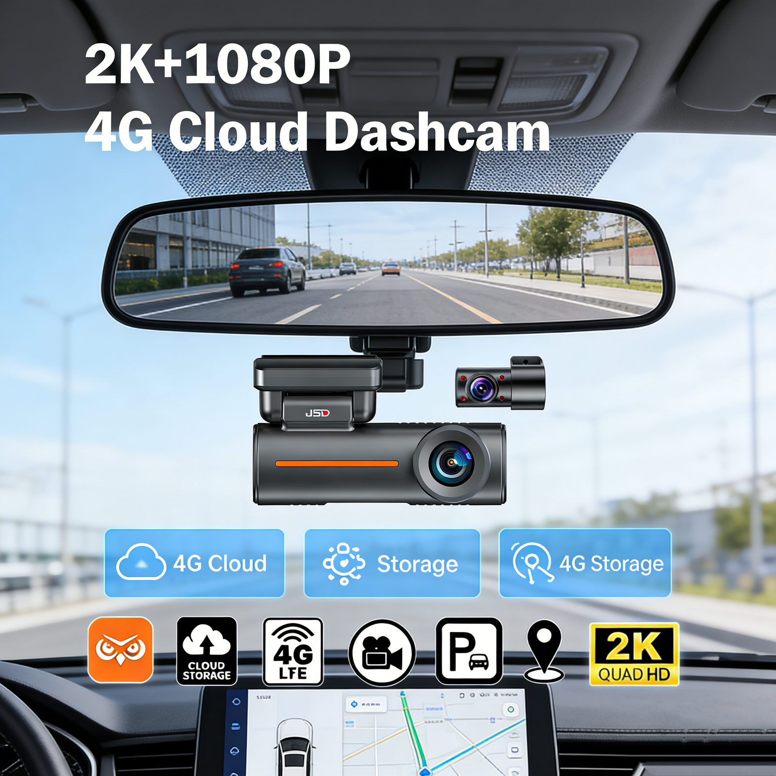 Exclusive Private-Mold Dash Cam | Front 2K Rear 1080P, 4G & GPS, Real-Time Car Monitoring via APP